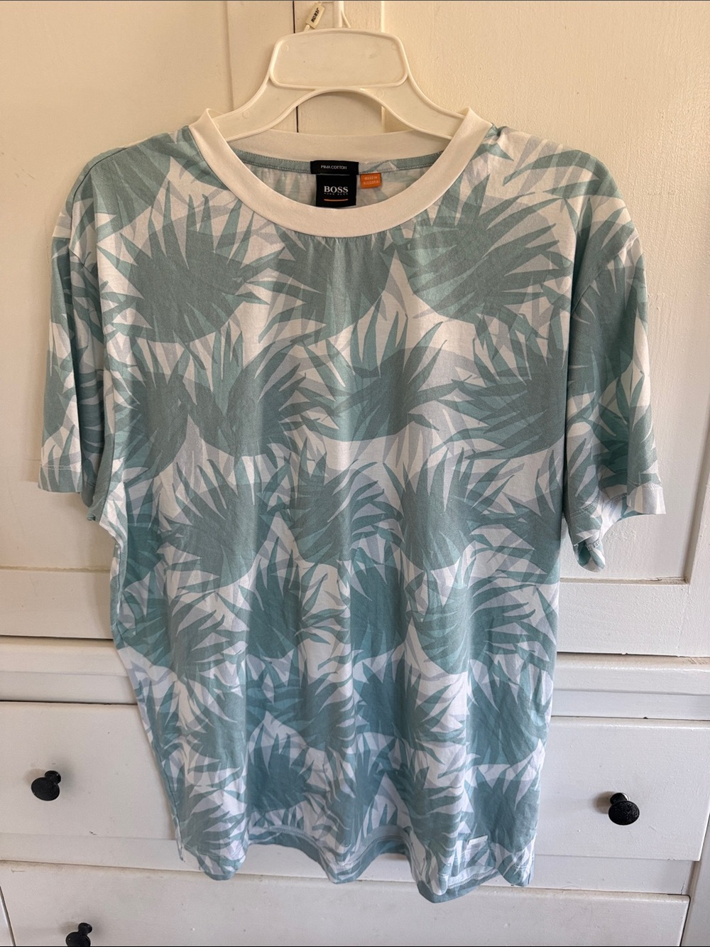 BOSS Teal and White Palm-Print Short Sleeve Crewneck Tee